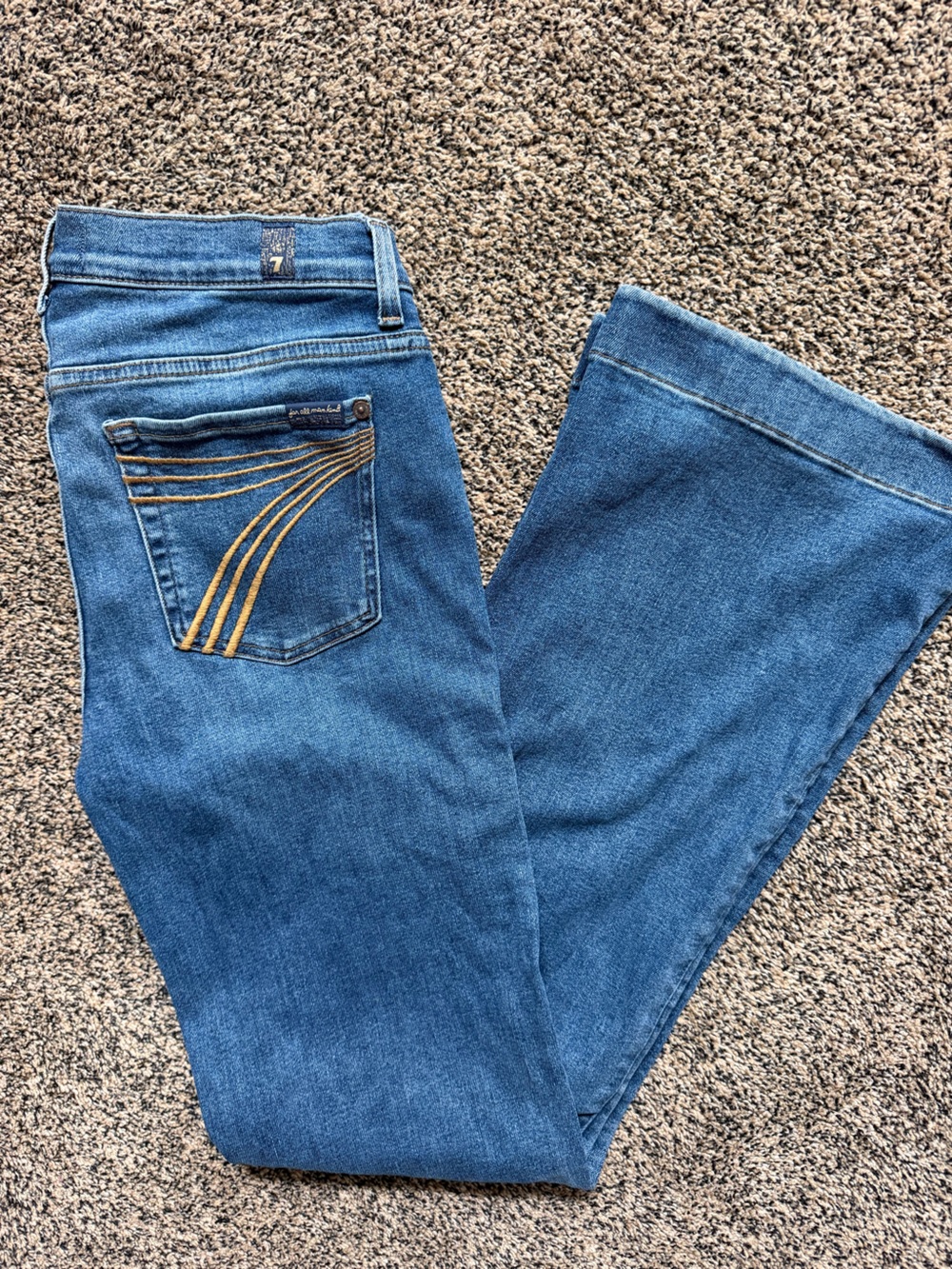 7 For All Mankind Blue Flare Jeans with Gold Stitching